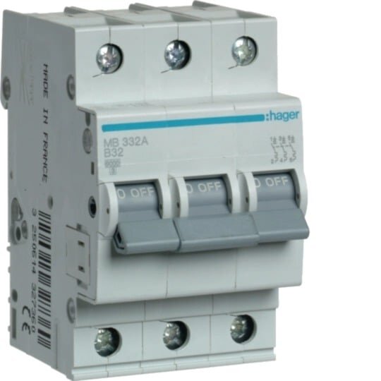 Automatinis jungiklis Hager MB332A (3P, 32A, B, 6kA) Automatinis jungiklis Hager MB332A (3P, 32A, B, 6kA)