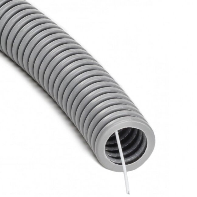 Gofruotas pilkas PVC vamzdis su viela 16mm (50m, 320 N/5 cm) Gofruotas pilkas PVC vamzdis su viela 16mm (50m, 320 N/5 cm)