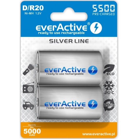 Įkraunama baterija everActive Ni-MH 5500 mAh R20 D (2 vnt.) Įkraunama baterija everActive Ni-MH 5500 mAh R20 D (2 vnt.)