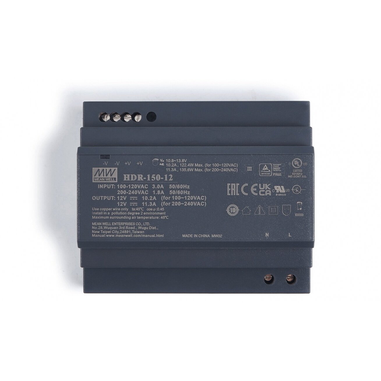 DIN rail-mounted switching power supply 12V 135.6W 11.3A, MEAN WELL, HDR-150-12