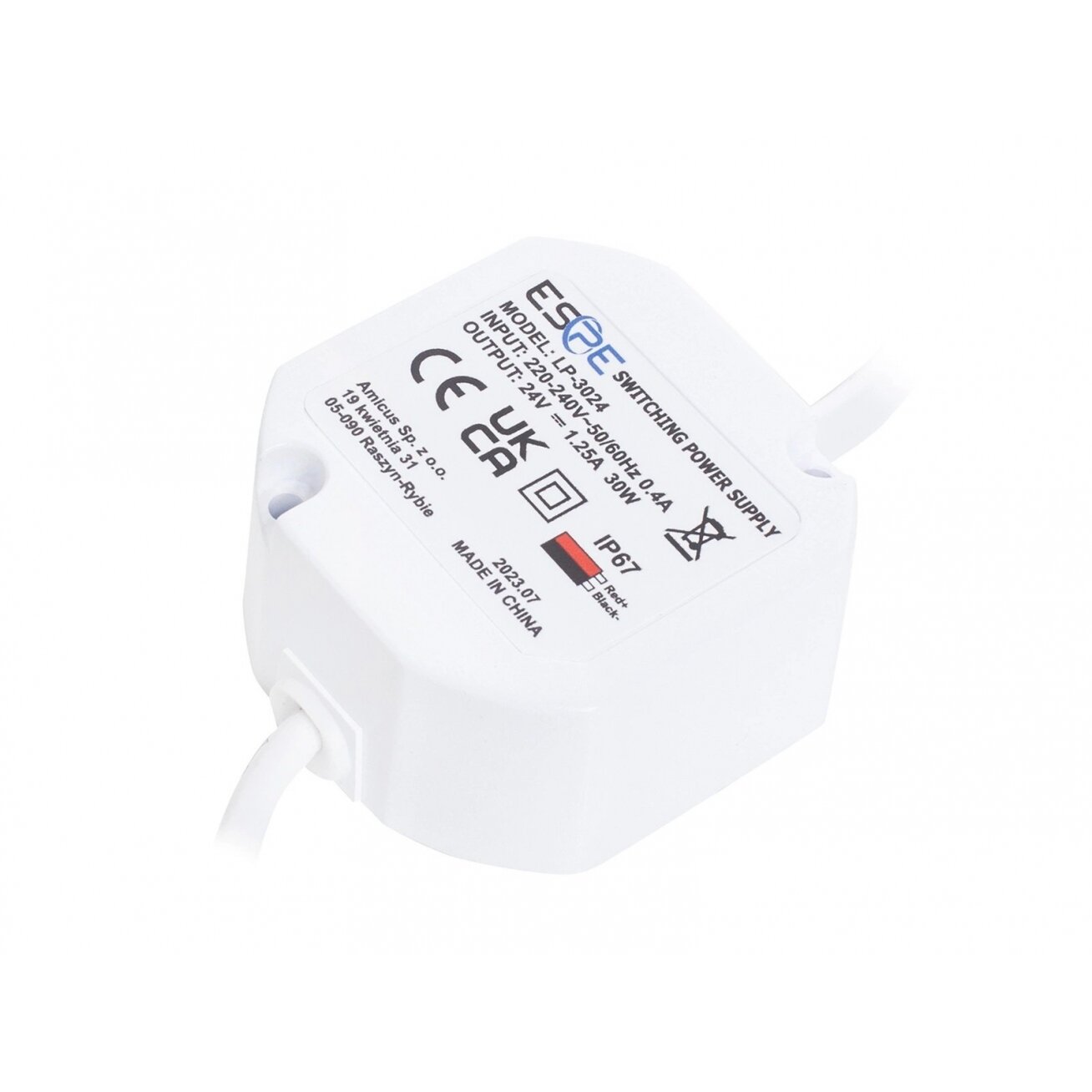 Switching power supply ESPE LP-3024 (30W, 1.25A/24V, sealed IP67, 50x47x25)