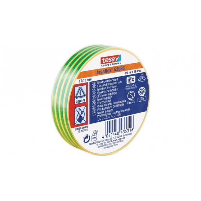 Soft PVC Insulation Tape TESA (yellow/green) 20m x 19 mm 53988-00081-00 Soft PVC Insulation Tape TESA (yellow/green) 20m x 19 mm 53988-00081-00