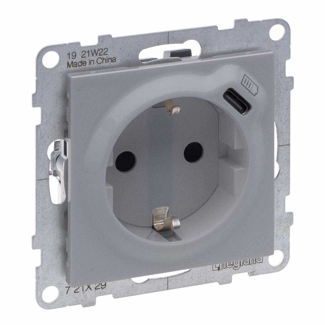 Recessed socket with grounding + USB-C charging port, aluminum, Suno Legrand 721329