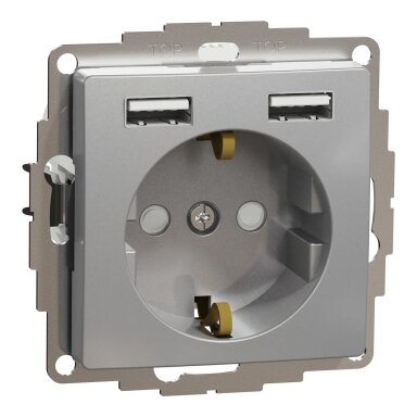 Kištukinis lizdas su įžeminimu + 2×USB-A Schneider Electric Sedna Design SDD113052 (aliuminis)