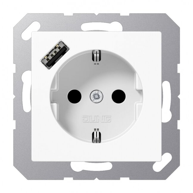 Kištukinis lizdas su USB A lizdu JUNG A1520-18AWW (baltas, 16A/250V) Kištukinis lizdas su USB A lizdu JUNG A1520-18AWW (baltas, 16A/250V)