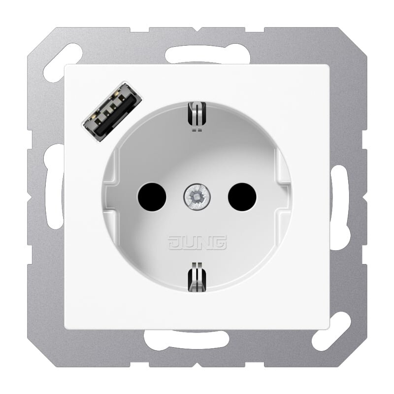 Kištukinis lizdas su USB A lizdu JUNG A1520-18AWW (baltas, 16A/250V) Kištukinis lizdas su USB A lizdu JUNG A1520-18AWW (baltas, 16A/250V)