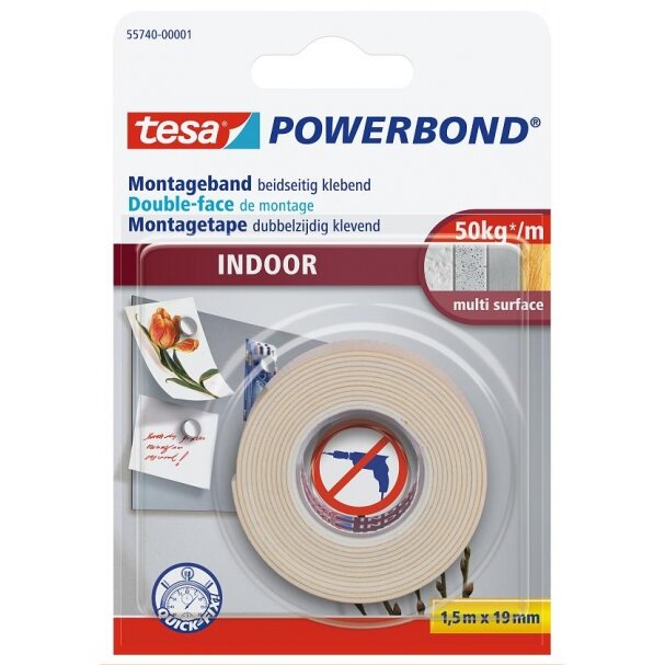 Double-sided TESA POWERBOND tape for indoor use 1.5 m x 19 mm 55740-00004-04