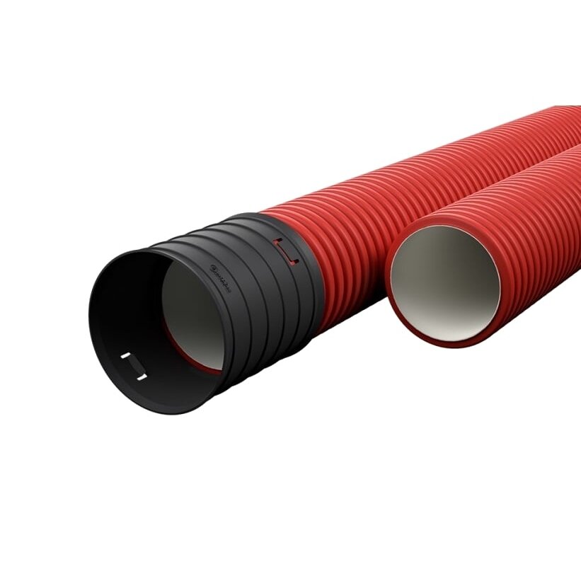Red corrugated pipe D40/d31 with rope Ecopipe (halogen-free, 50m)