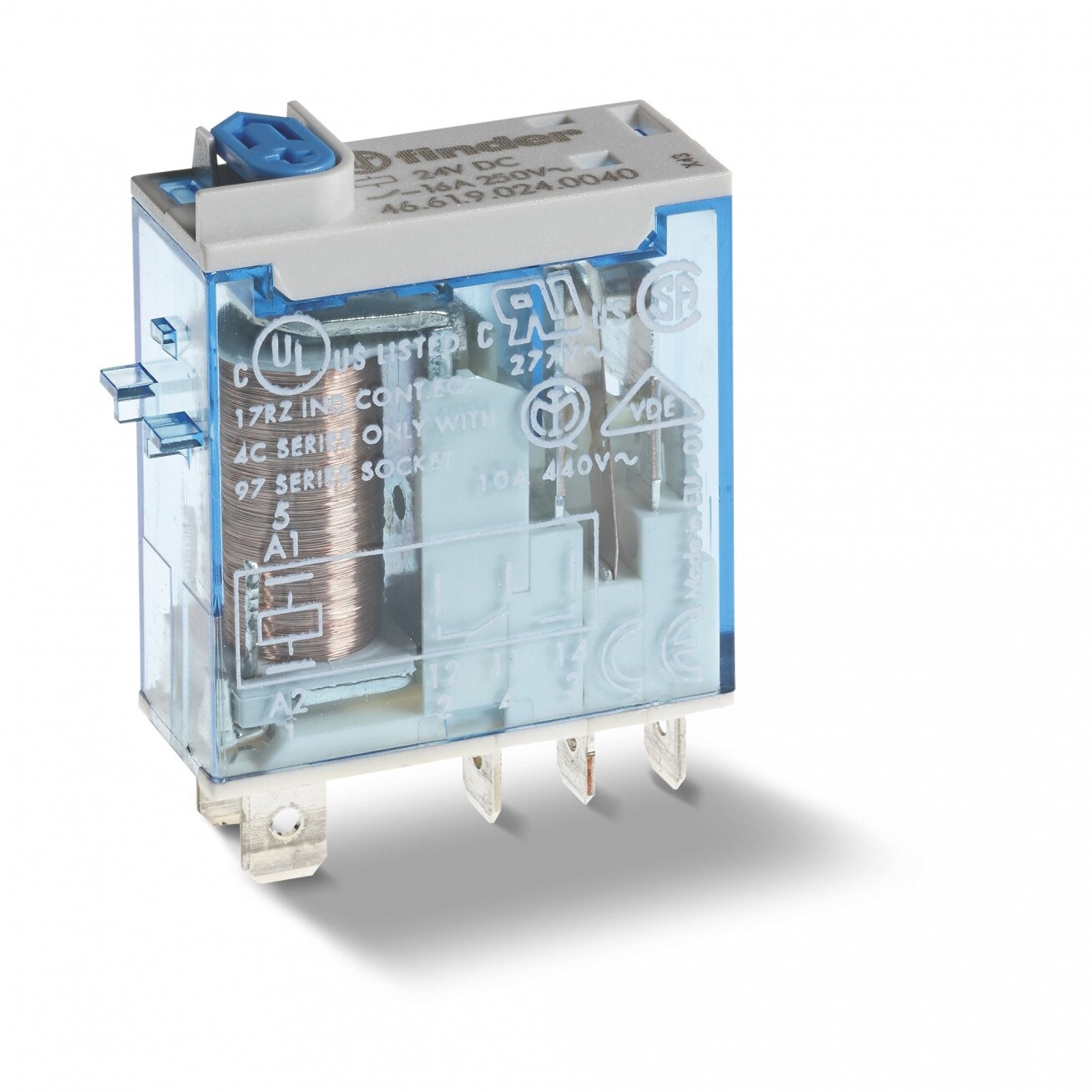 Relay 1 group, 46 series Finder 466190120074 (12VDC, 16A/250VAC, TEST button, LED indication)