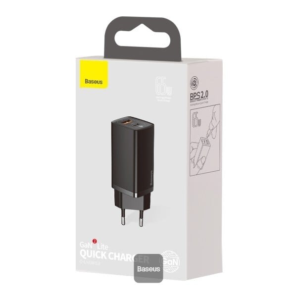 Wall charger Baseus GaN2 Lite CCGAN2L-B01 (65 W, USB-C + USB, QC4+, PD3.0, black)