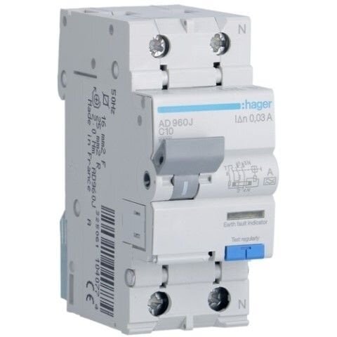 Srovės nuotėkio relė su automatiniu jungikliu Hager AD960J (2P, 10A, A tipo, 30mA, 230V)