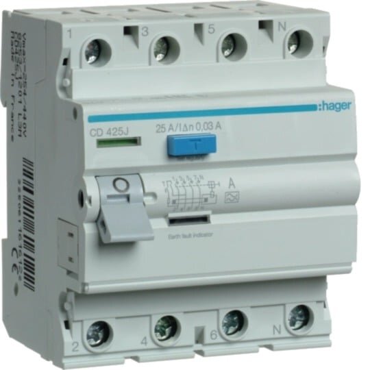 Residual current circuit breaker Hager CD425J (type A, 25A, 4P, 30mA, 230V) Residual current circuit breaker Hager CD425J (type A, 25A, 4P, 30mA, 230V)