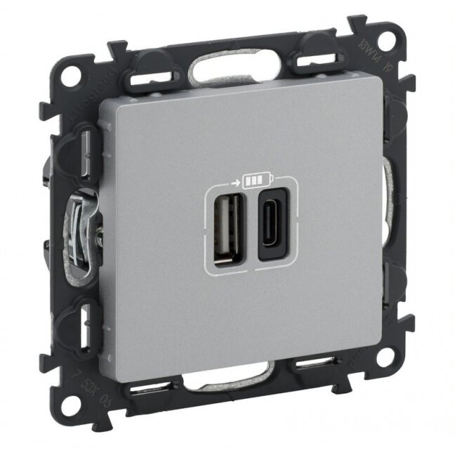 USB dvigubas C + A tipo kištukinis lizdas Valena Life Legrand 753306 (aluminio spalva) USB dvigubas C + A tipo kištukinis lizdas Valena Life Legrand 753306 (aluminio spalva)