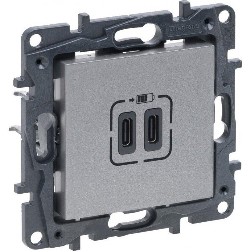 USB dvigubas C tipo kištukinis lizdas Valena Life Legrand 863339 (aluminio spalva)